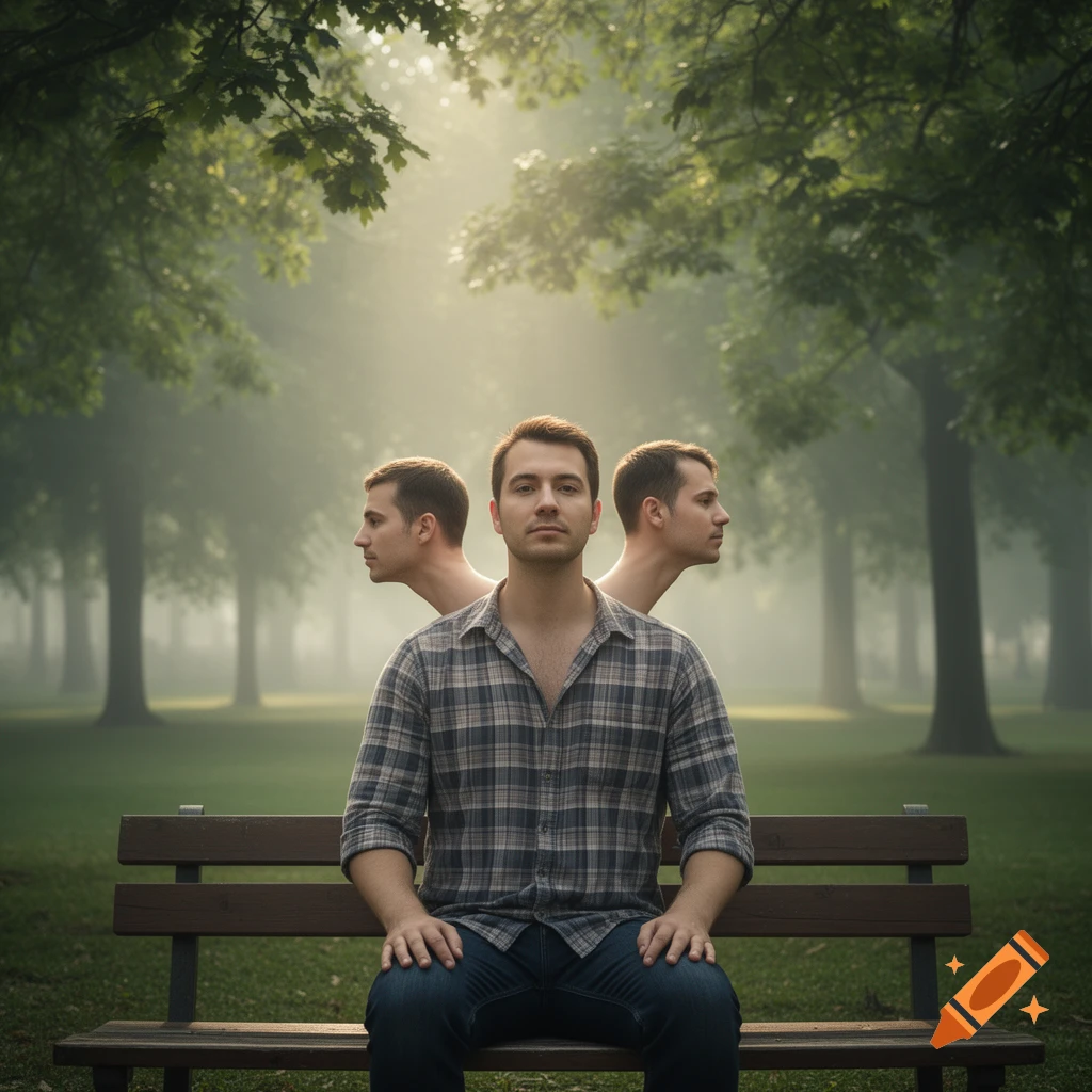A man with a central head and two additional heads emerging from his shoulders sits on a park bench in a hazy, sunlit forest.