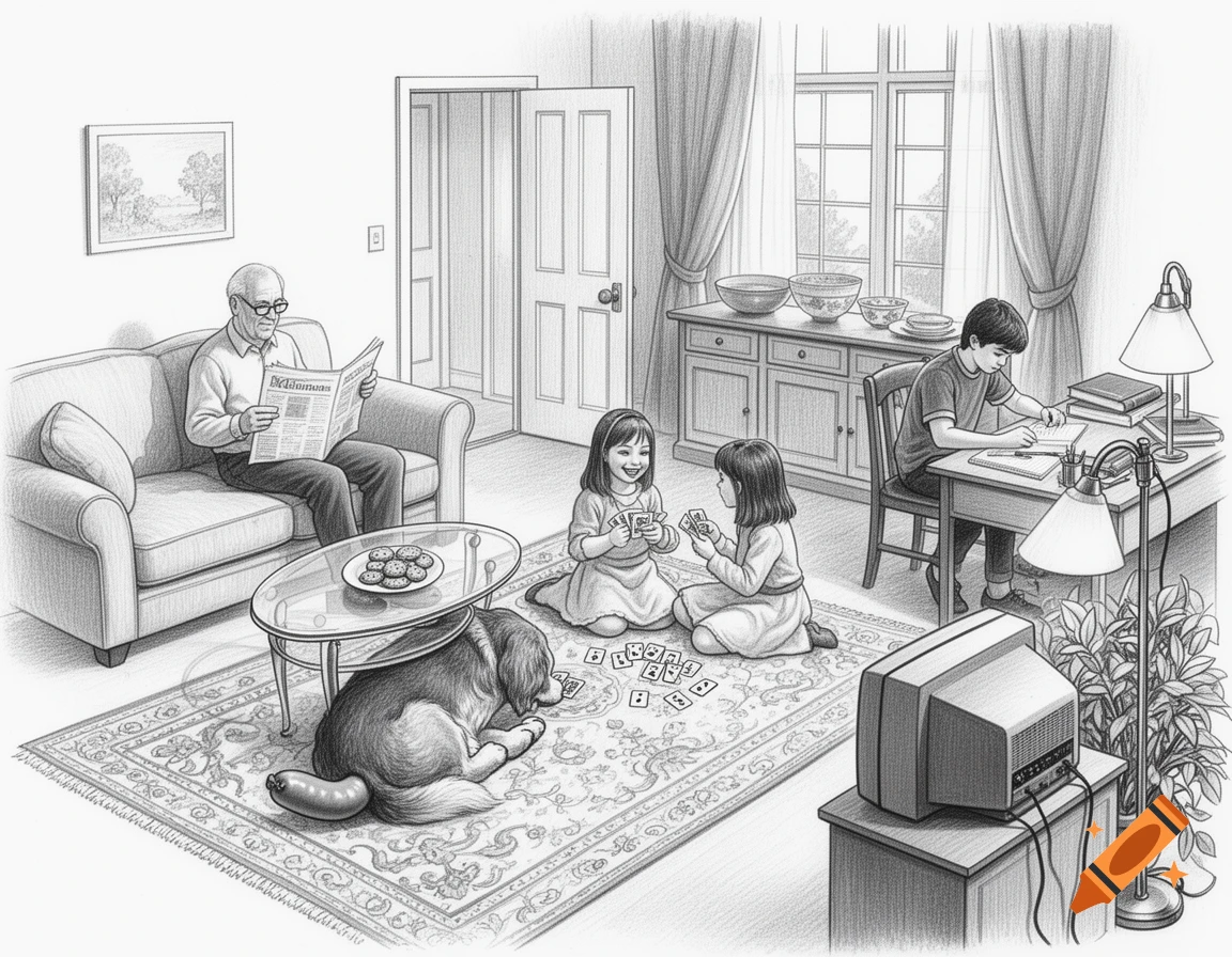 Black and white pencil drawing of a cozy living room scene with an old man reading, two girls playing cards, a boy doing homework, and a dog resting with a sausage.