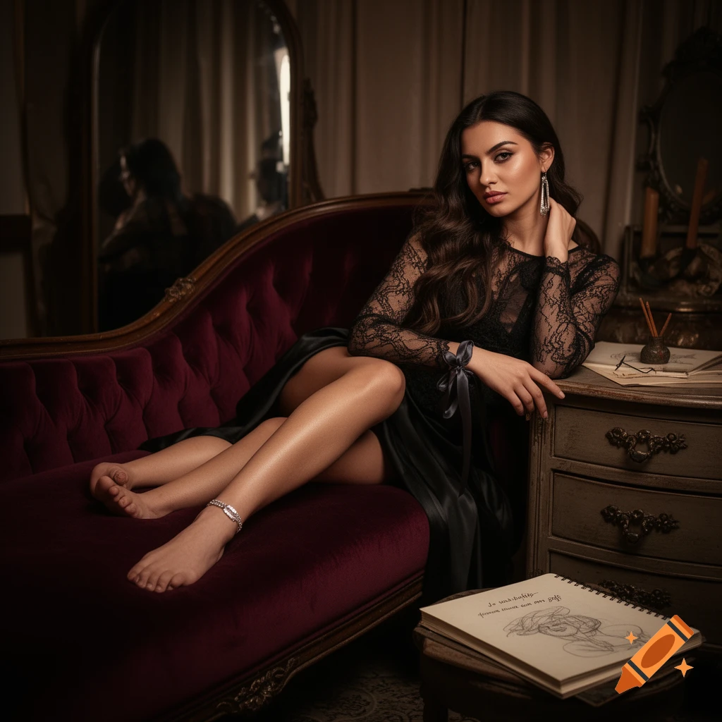 A woman in a black lace top and satin skirt reclines on a red velvet chaise lounge, looking at the camera. A notebook with text is on a nearby table.