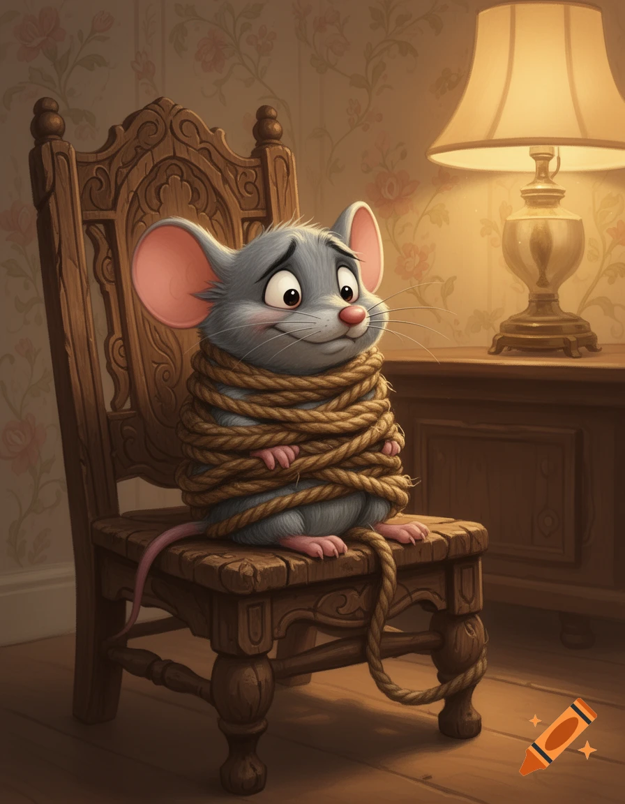 A cartoon mouse with big ears and a pink nose sits tied with rope on a wooden chair, looking sad in a dim room.