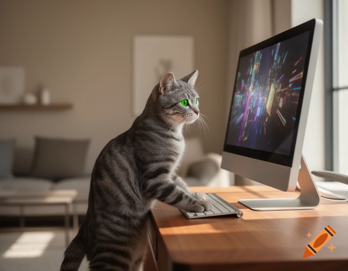 A tabby cat with glowing green eyes stands on a wooden desk, paws on a keyboard, looking intently at a computer monitor displaying colorful abstract graphics.