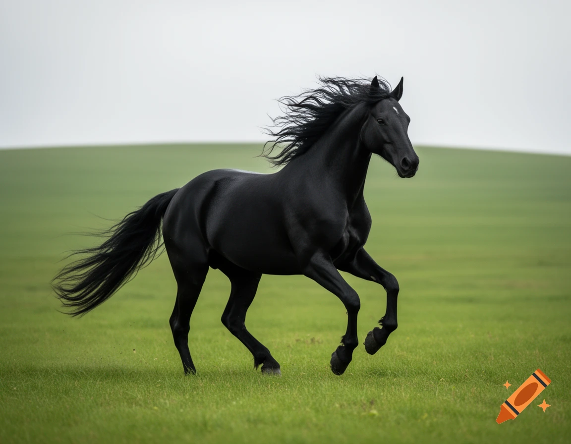 A majestic black horse with a flowing mane gallops across a vibrant green field under a light gray sky.