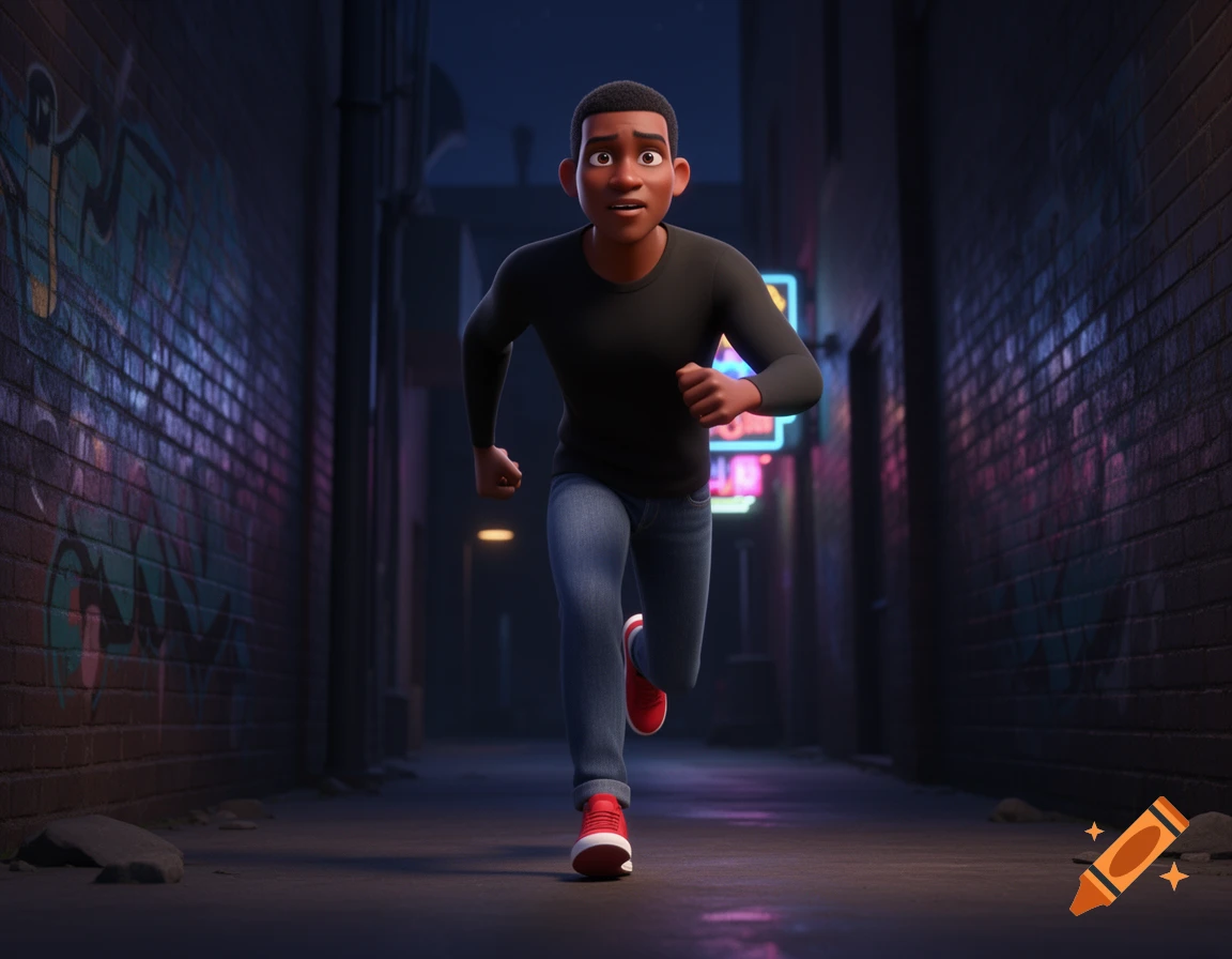 Animated 3D African American man running down a dark alley with graffiti and neon lights.