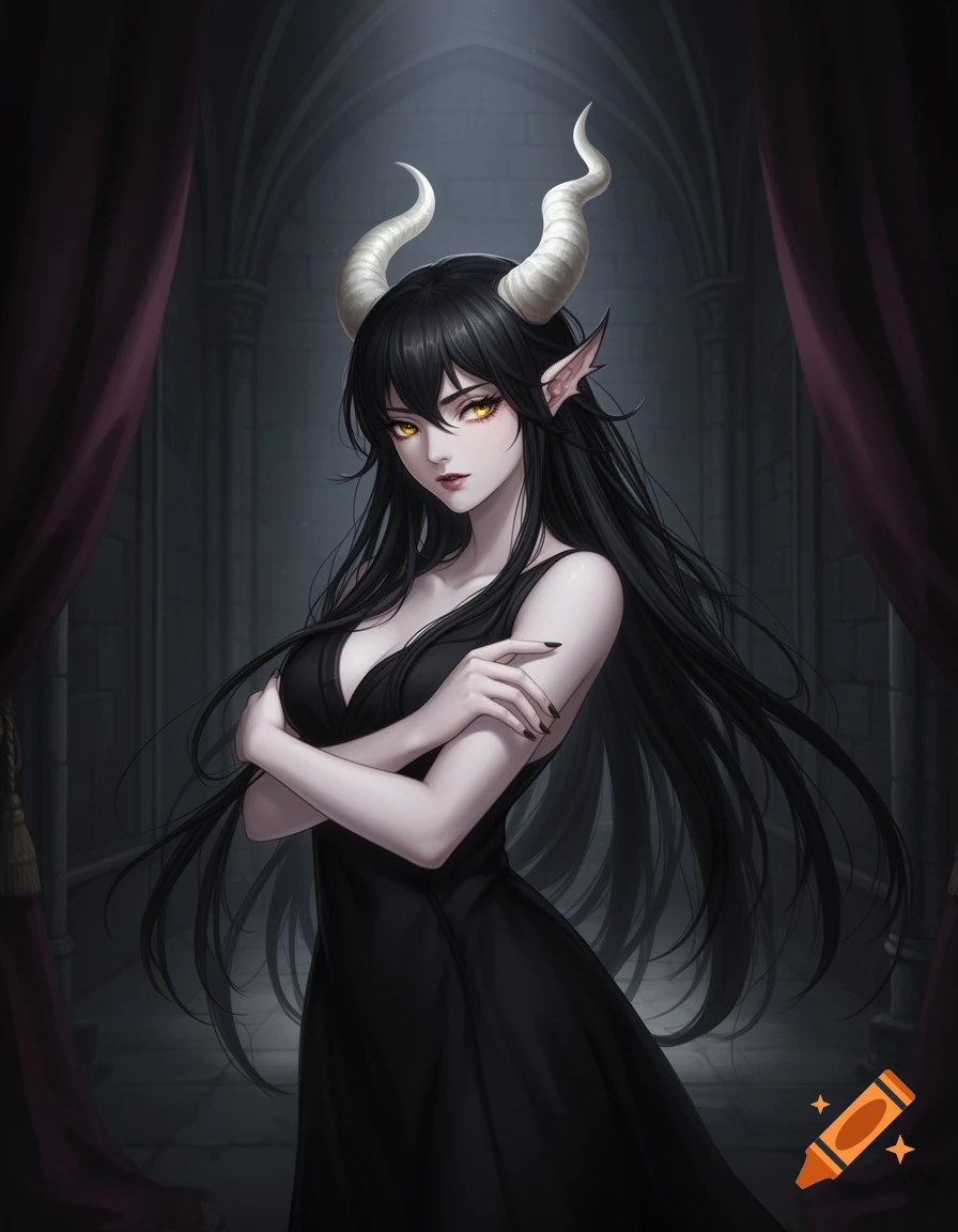 Anime illustration of a demoness with long black hair, white horns, golden eyes, and pale skin, wearing a black dress, standing with crossed arms in a gothic chamber.