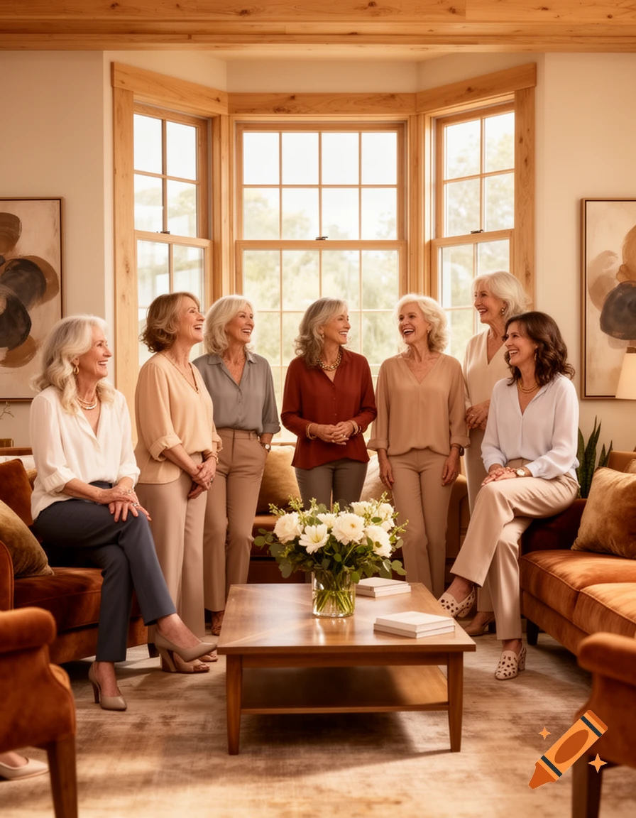 A group of seven smiling senior women in an elegant living room with large bay windows and warm lighting.