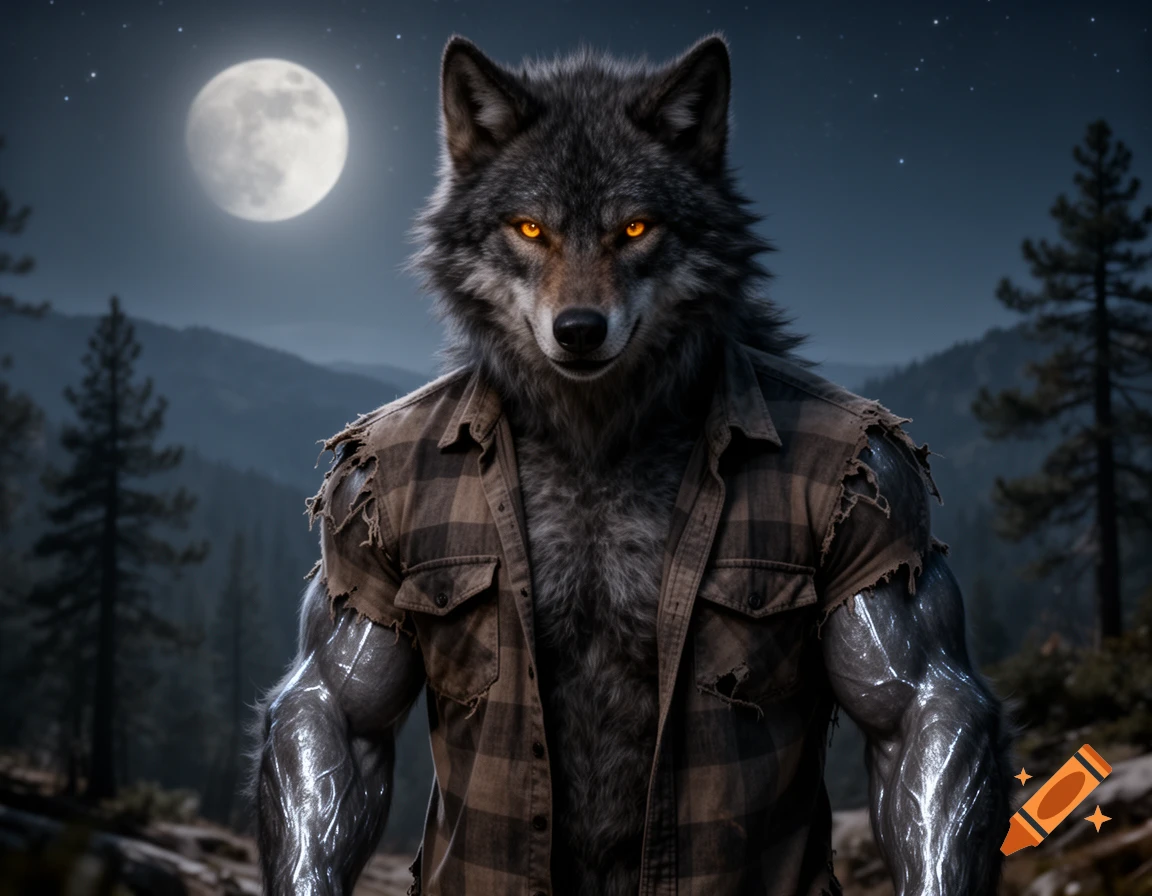 A photorealistic werewolf with glowing orange eyes and a ripped plaid shirt stands under a full moon in a dark forest.