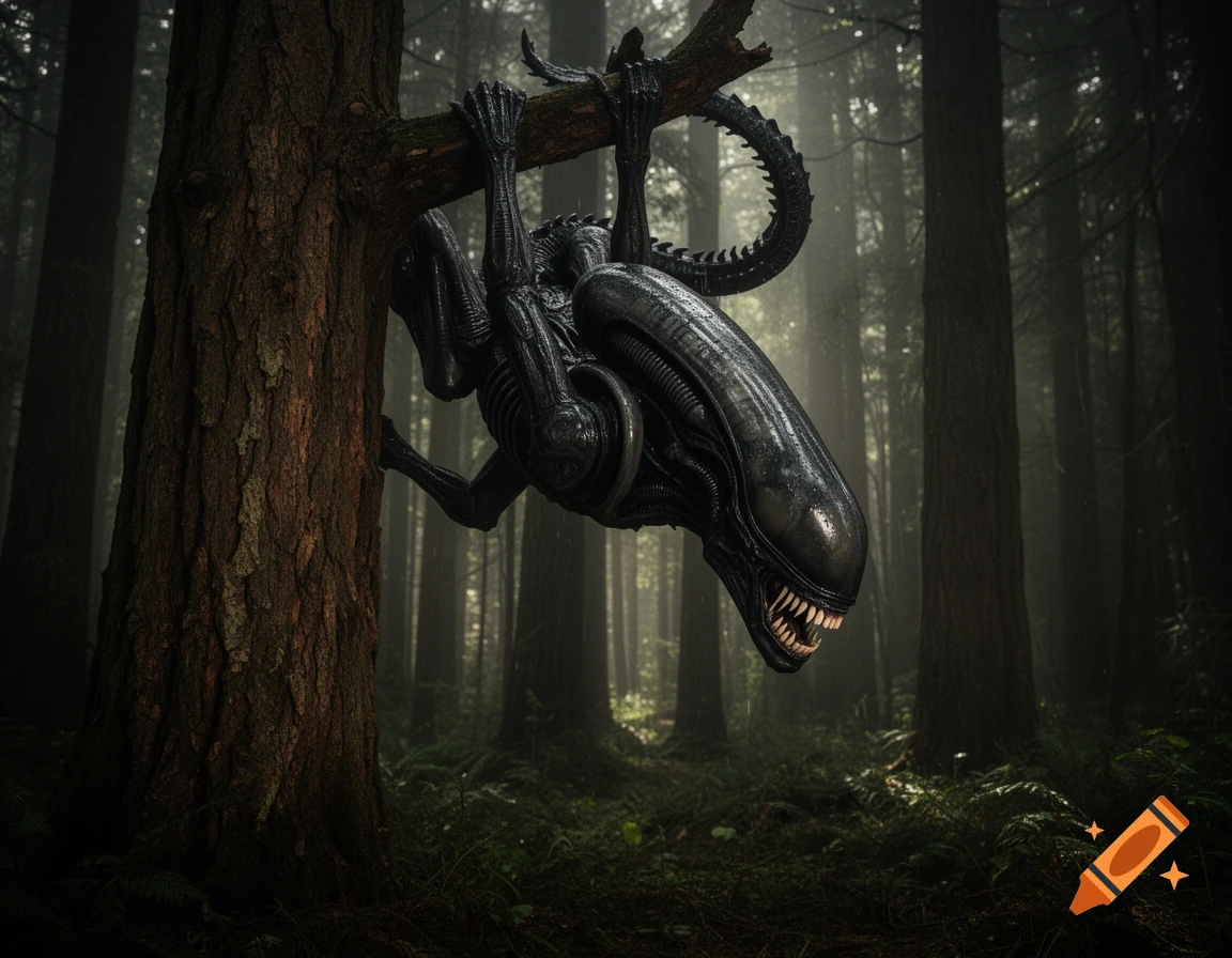 A dark, sleek Xenomorph creature hangs from a tree branch with its mouth open, revealing fangs, in a misty forest.