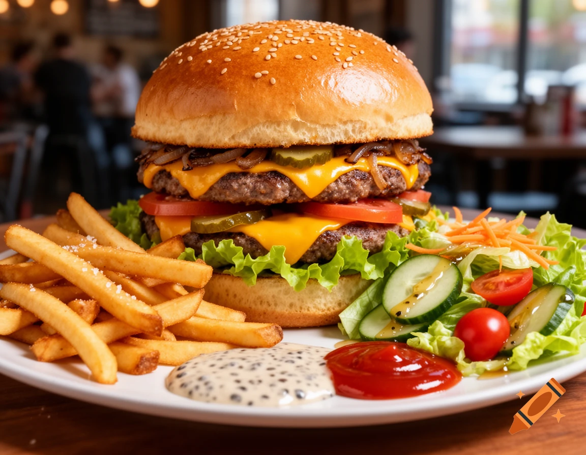 A close-up, photorealistic shot of a double cheeseburger with fries, a side salad, and two dipping sauces on a white plate.