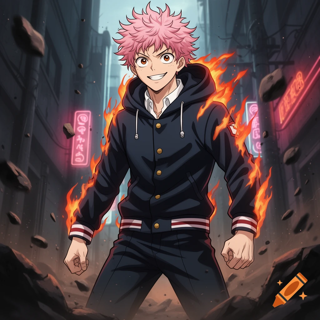 Anime character with pink spiky hair and a dark hoodie, wreathed in flames, stands in a ruined city street.