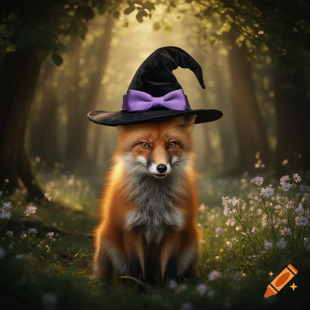 A fluffy red fox sits in a mystical forest, wearing a black witch hat with a purple bow. Photorealistic.