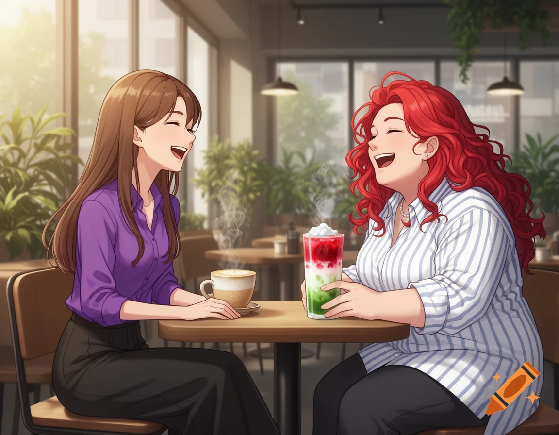Two animated women laugh together at a cafe table, one with coffee, the other with a colorful layered drink.