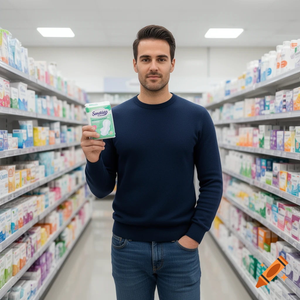 A man holding a packet of sanitary pads stands in a brightly lit supermarket aisle.