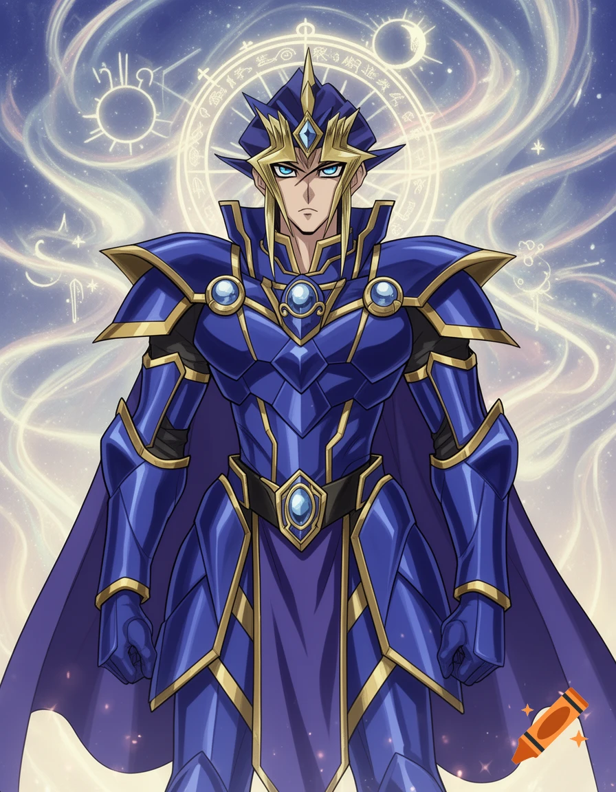 Anime character in blue and gold armor with a cape, standing against a celestial background with glowing symbols.
