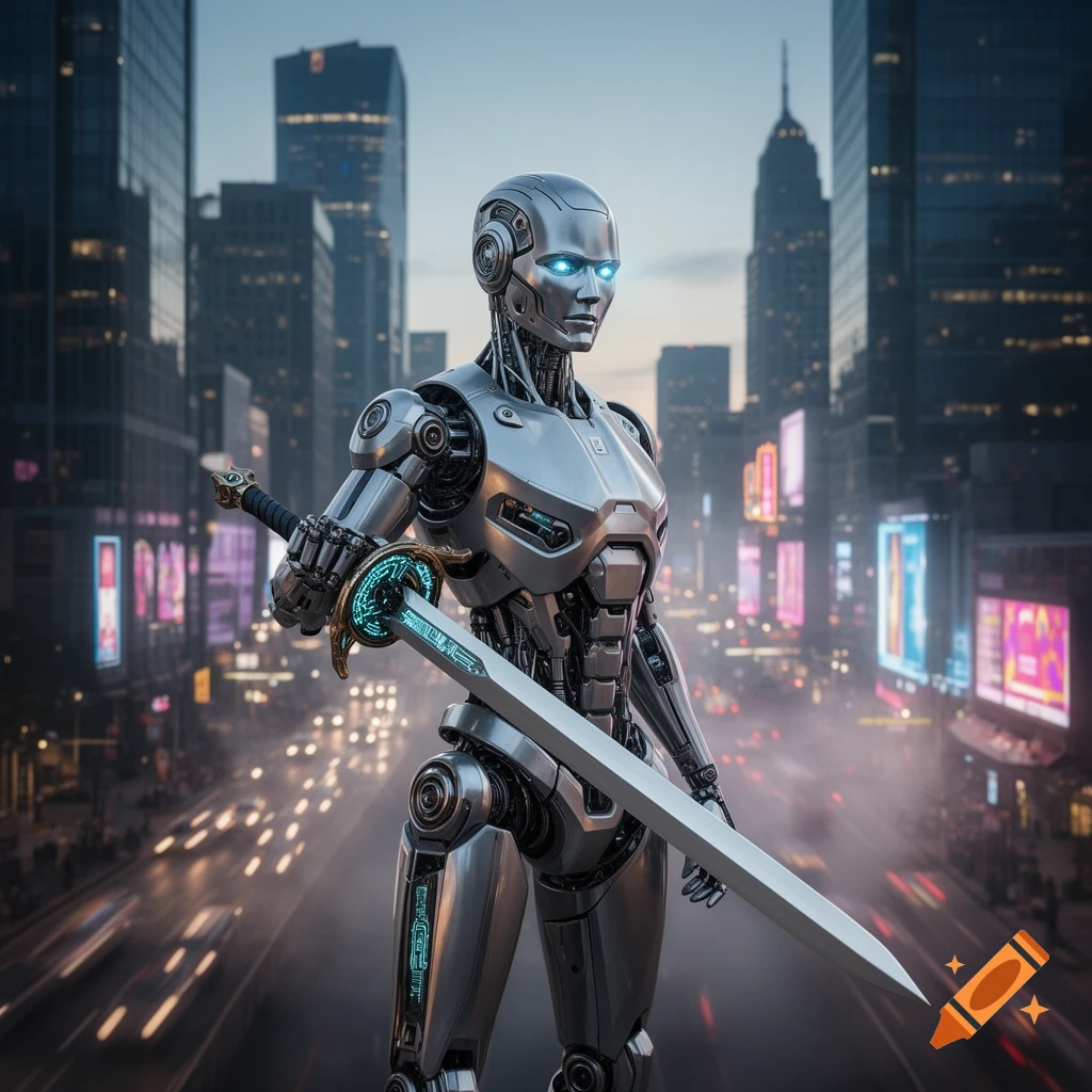 A silver, armored robot with glowing blue eyes holds a futuristic sword with a glowing hilt in a bustling cityscape at dusk.