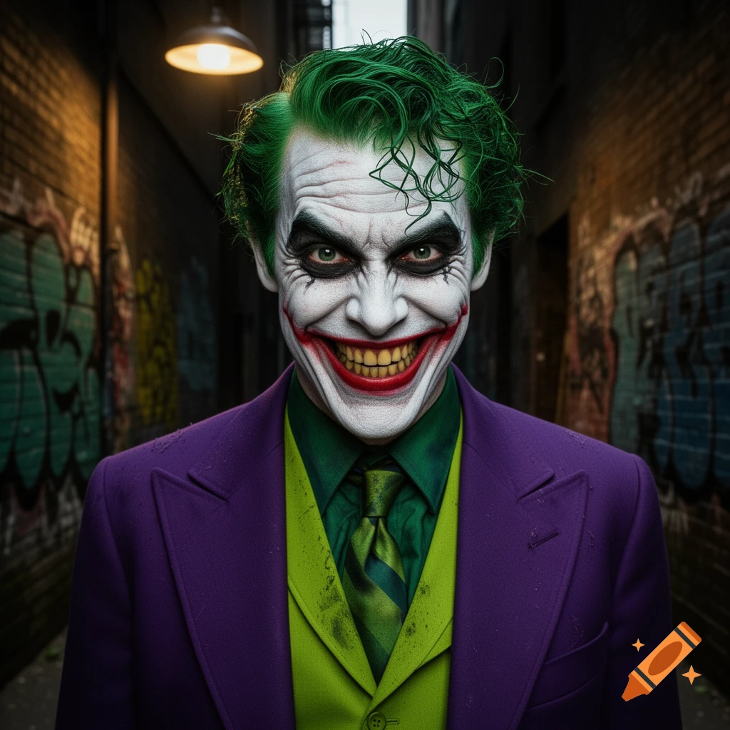 A photorealistic portrait of The Joker with green hair, white face paint, and a wide, sinister smile, wearing a purple suit in a graffiti-covered alley.
