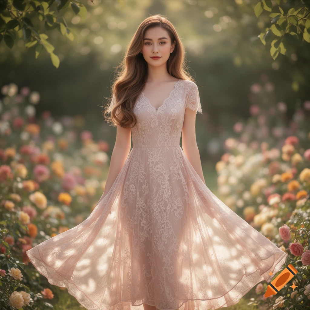 A young woman in a delicate, light pink lace dress stands in a sunny rose garden.