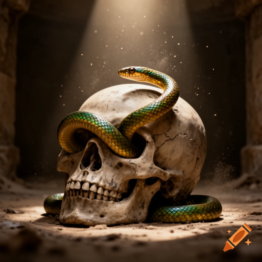A vibrant green and gold snake coiled around a human skull in a dusty, dimly lit ancient ruin, illuminated by a beam of light.