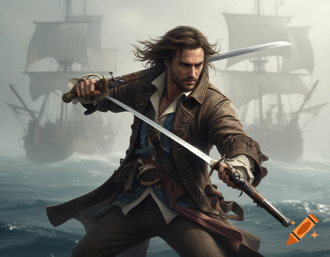 A male pirate in a brown coat stands in a fighting pose, wielding two swords on a stormy sea with two ships in the foggy background.