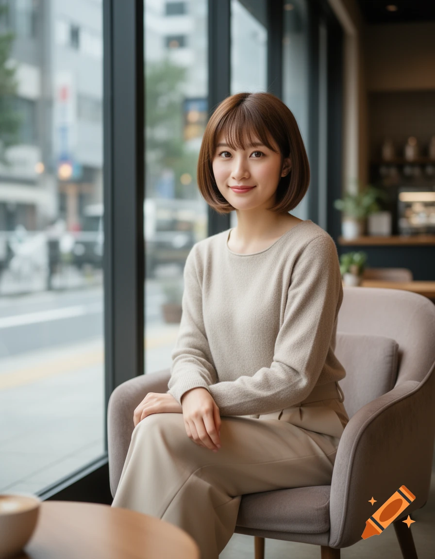 A young Japanese woman with a bob cut and a gentle smile, wearing a beige outfit, sits in a coffee shop looking at the camera. Photorealistic.