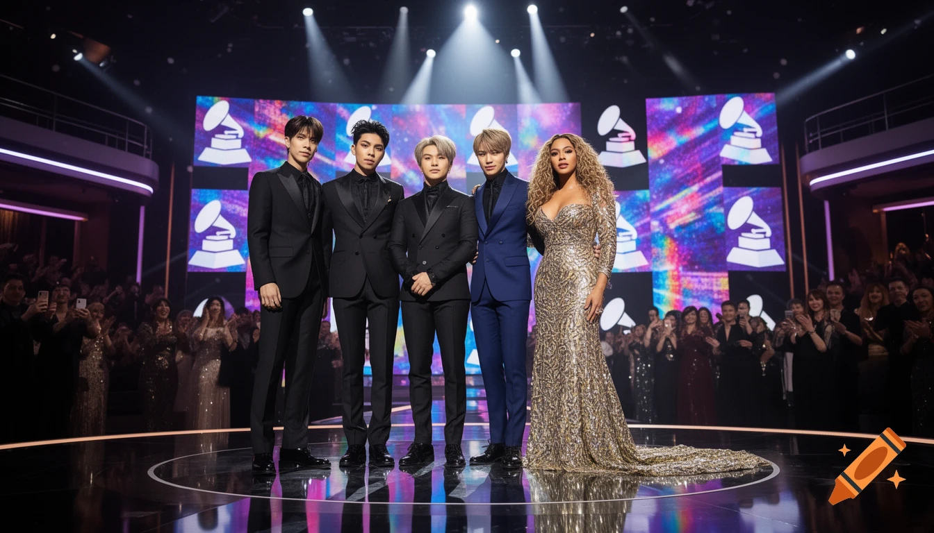 Beyoncé in a sparkling gold gown and five men in suits pose on stage at the Grammy Awards with phonograph logos on screens.