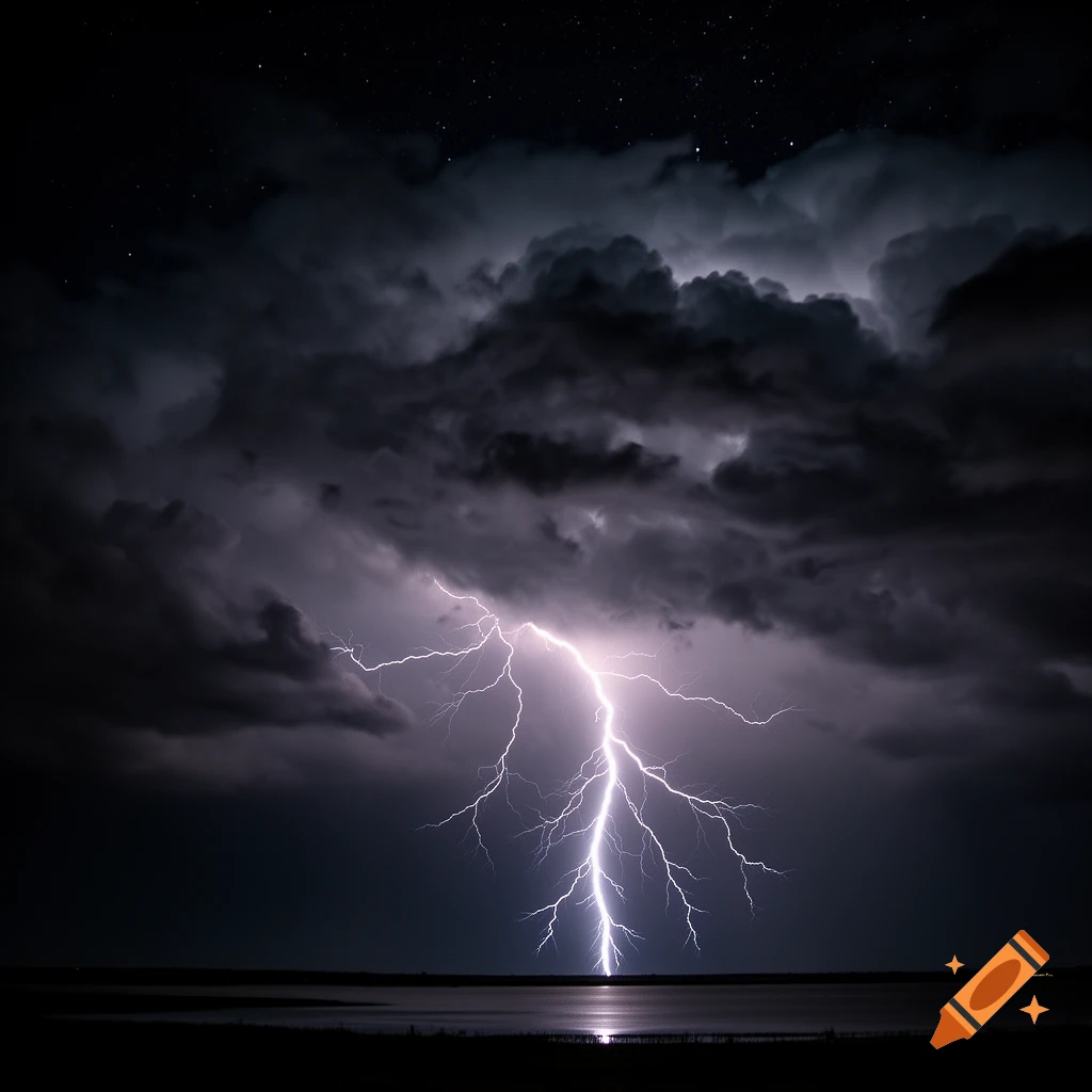 A powerful lightning bolt illuminates dark storm clouds over water at night with stars visible above.