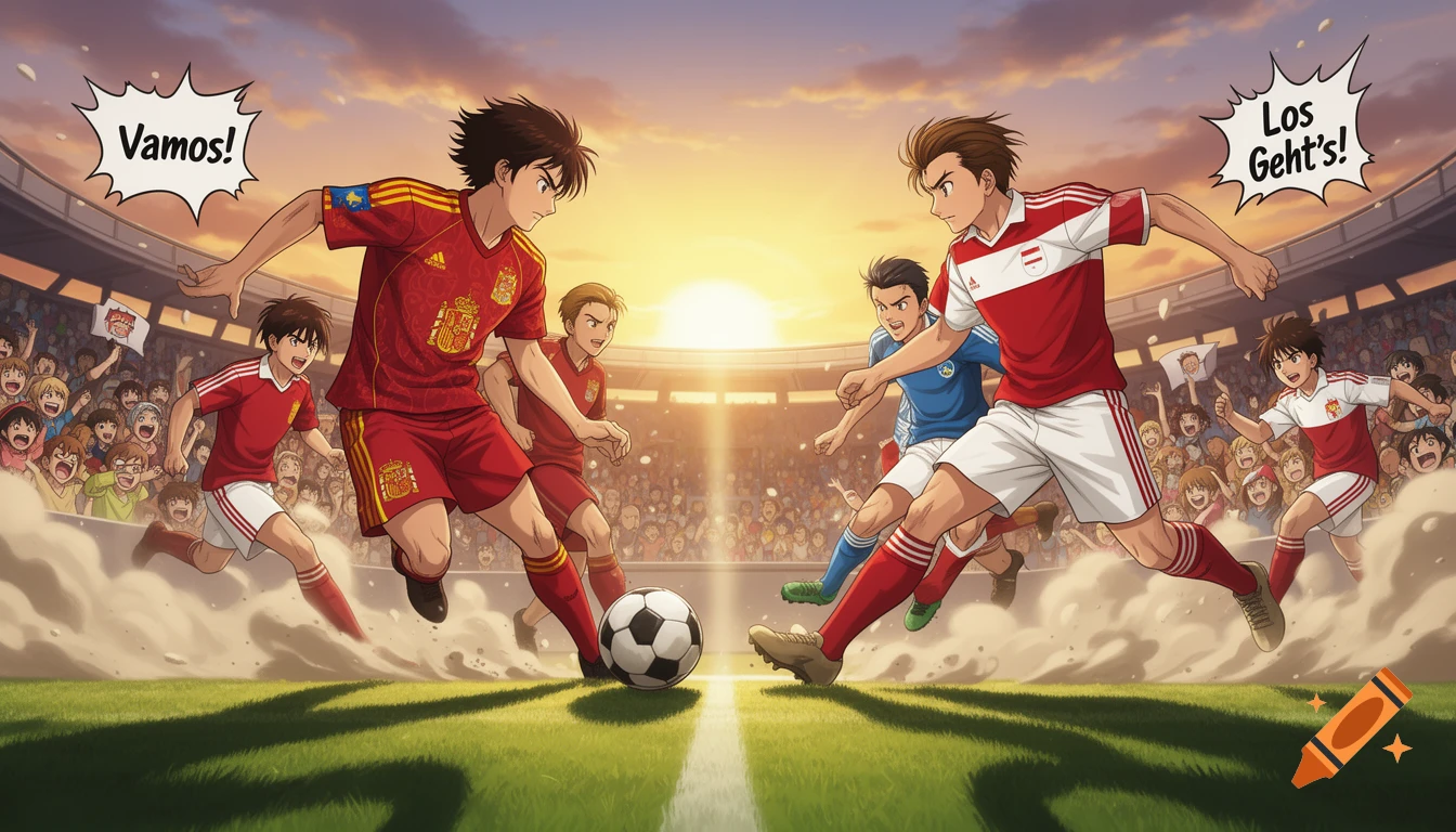 Anime-style soccer players from Spain and Austria charge toward a ball on a stadium field, with cheering fans under a sunset sky.