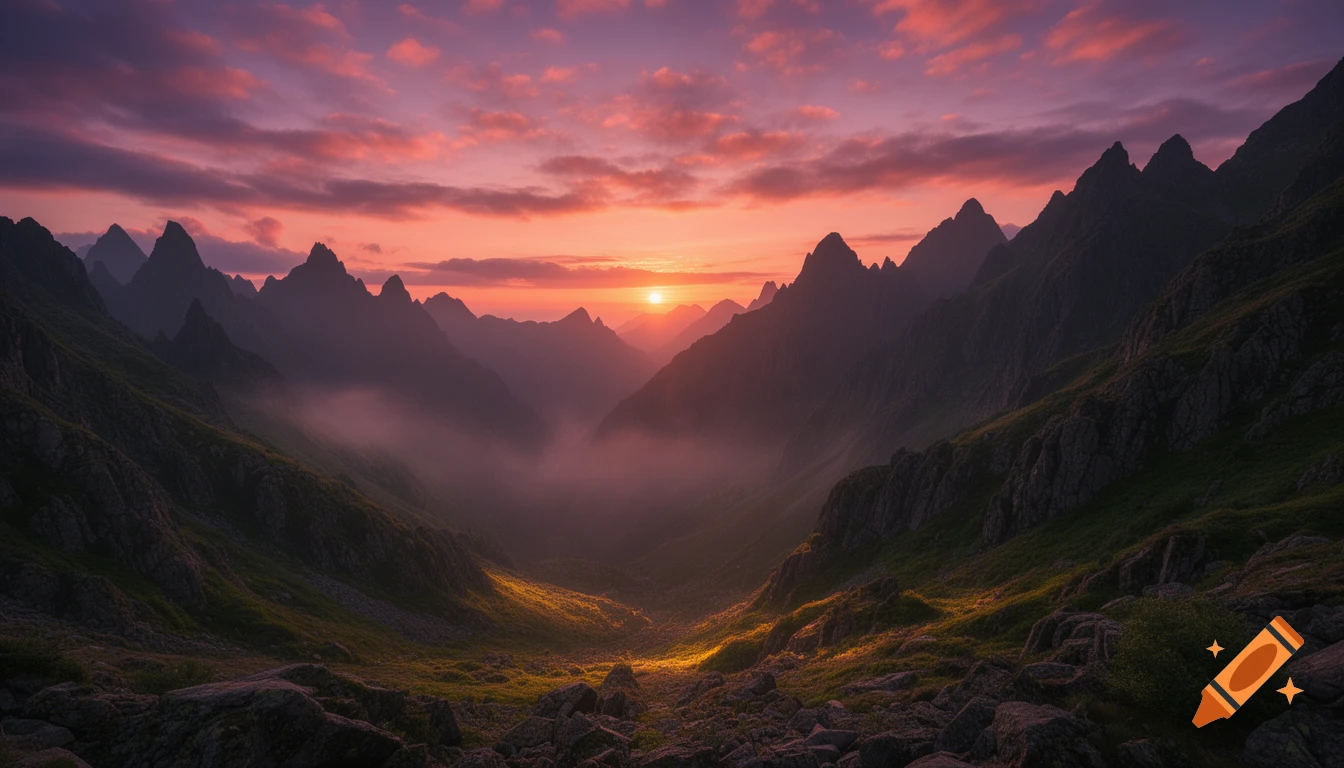 Photorealistic image of a vibrant pink and orange sunset over a misty mountain valley, with illuminated green slopes.