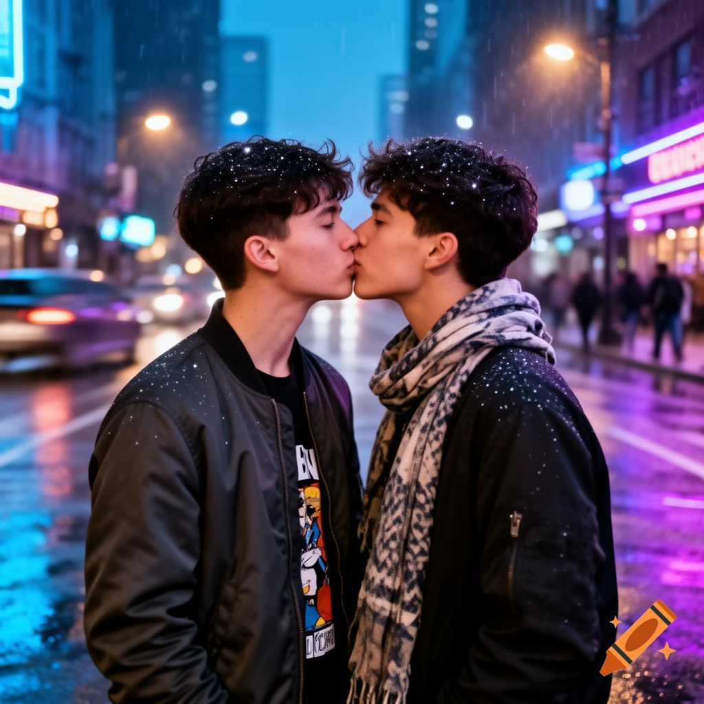 Two young men kiss passionately on a snowy, neon-lit city street at night, with blurred lights in the background.
