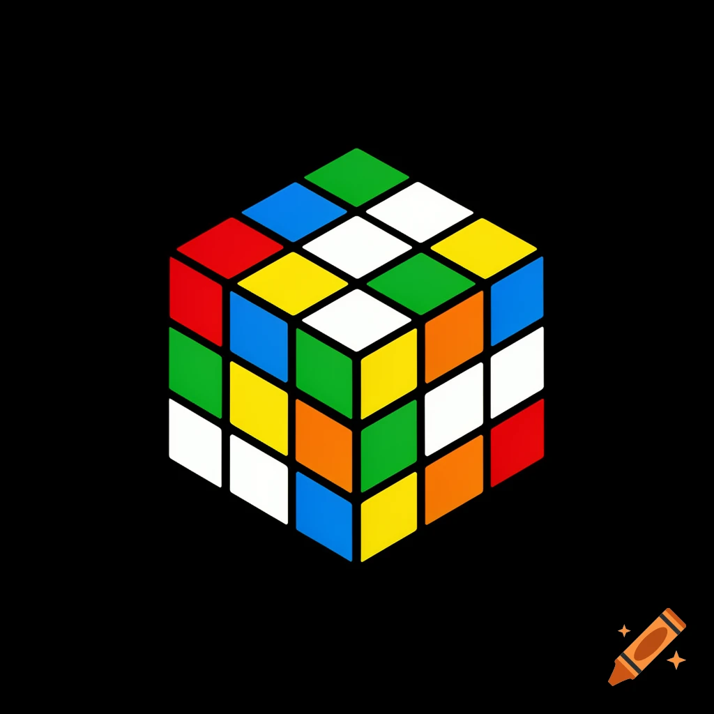 Isometric 3D vector illustration of a colorful, solved Rubik's cube against a solid black background.