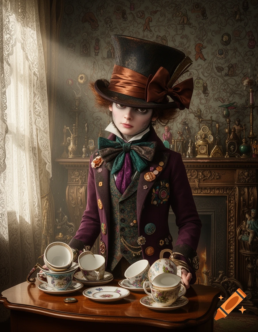 A photorealistic portrait of a Mad Hatter-like character in a purple suit and top hat, standing before a table with teacups in a richly decorated room.