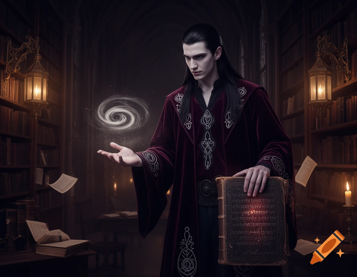 A dark-haired male wizard in a red robe holds a large spellbook and casts gravity magic in a dimly lit library.