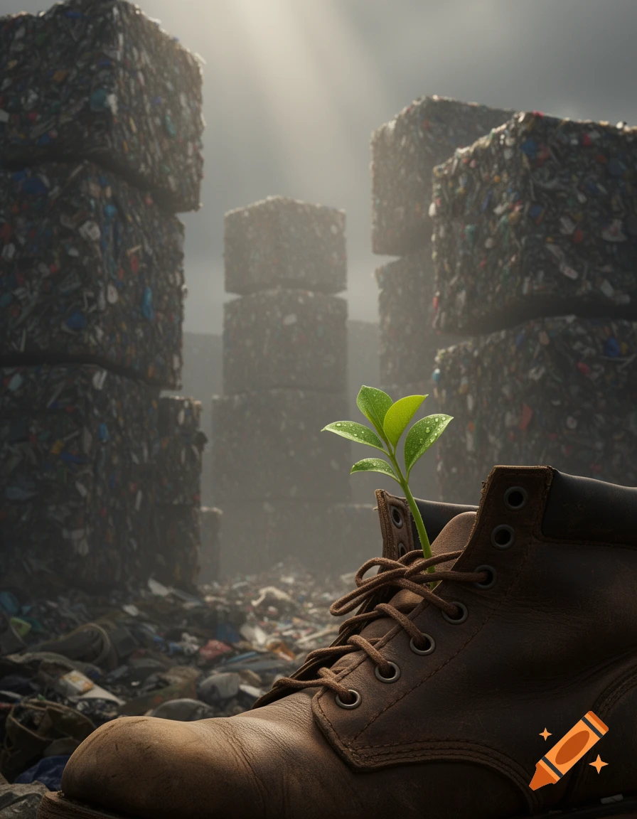 A green plant sprouts from an old brown boot in a desolate landscape filled with towering blocks of compressed trash under misty, cinematic lighting.