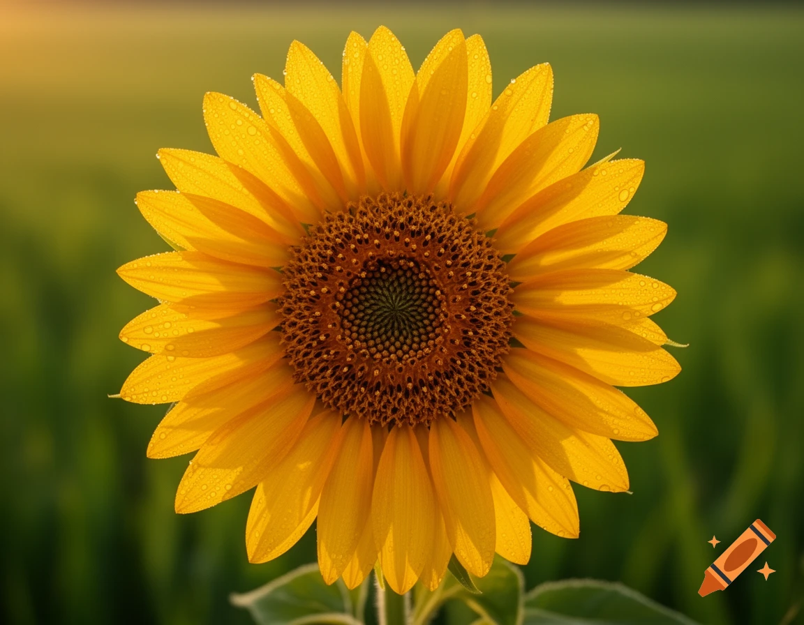 Close-up photorealistic shot of a vibrant yellow sunflower with dew drops on petals, detailed seed center, and a soft green bokeh background.