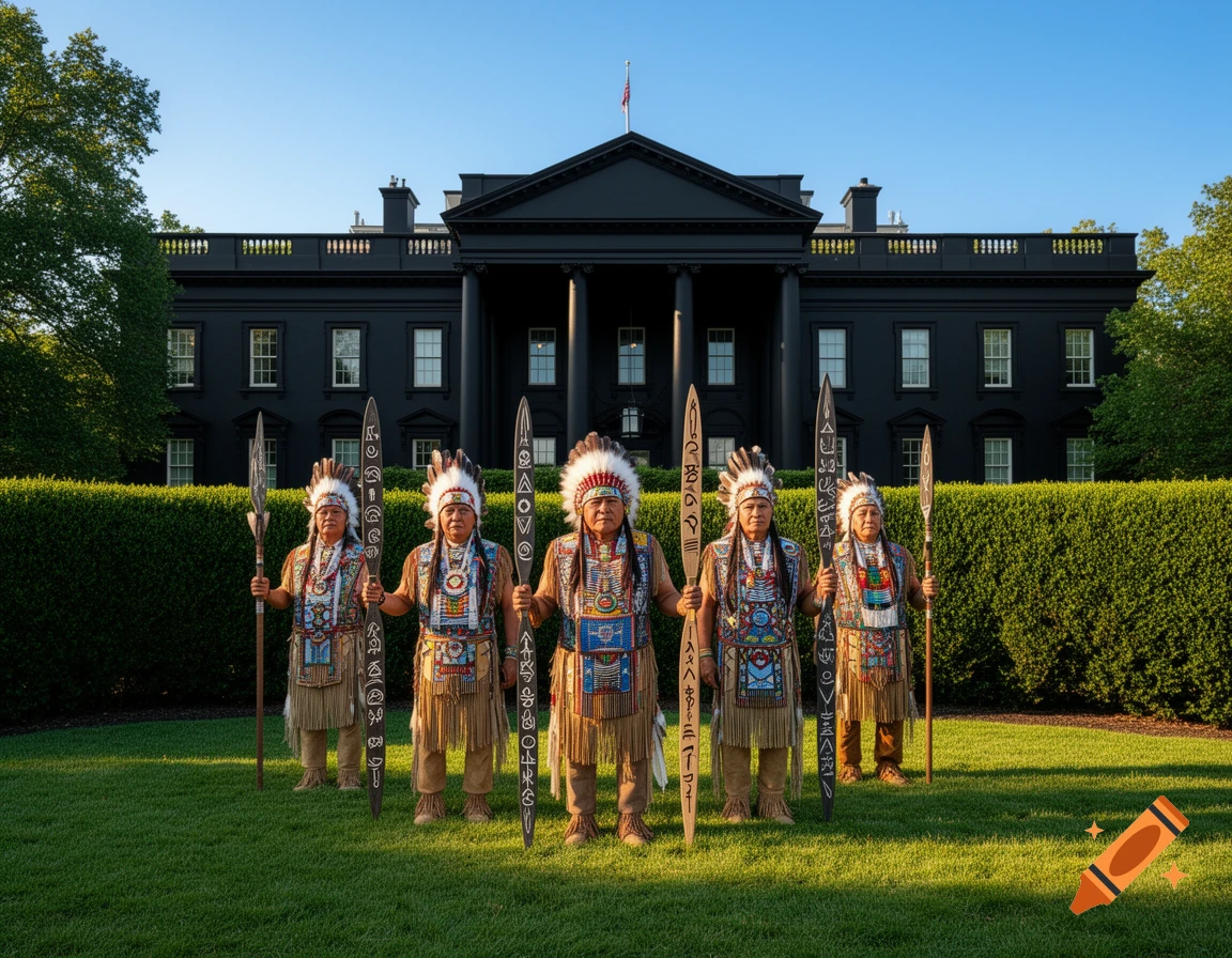 Five Native American men in traditional attire with feathered headdresses and spears stand on a lawn in front of the White House, which is painted black.