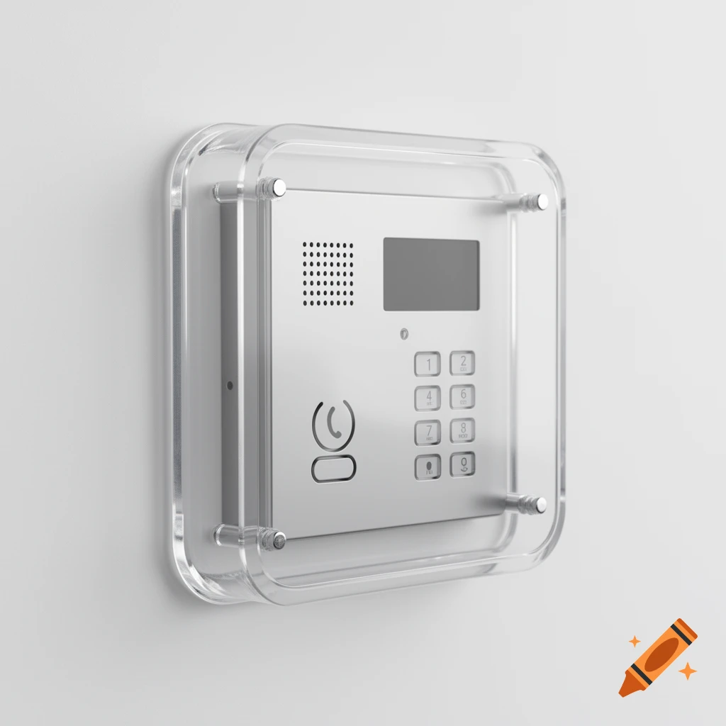 A photorealistic rendering of a modern intercom with a clear plexiglass cover, keypad, and display, mounted on a white wall.