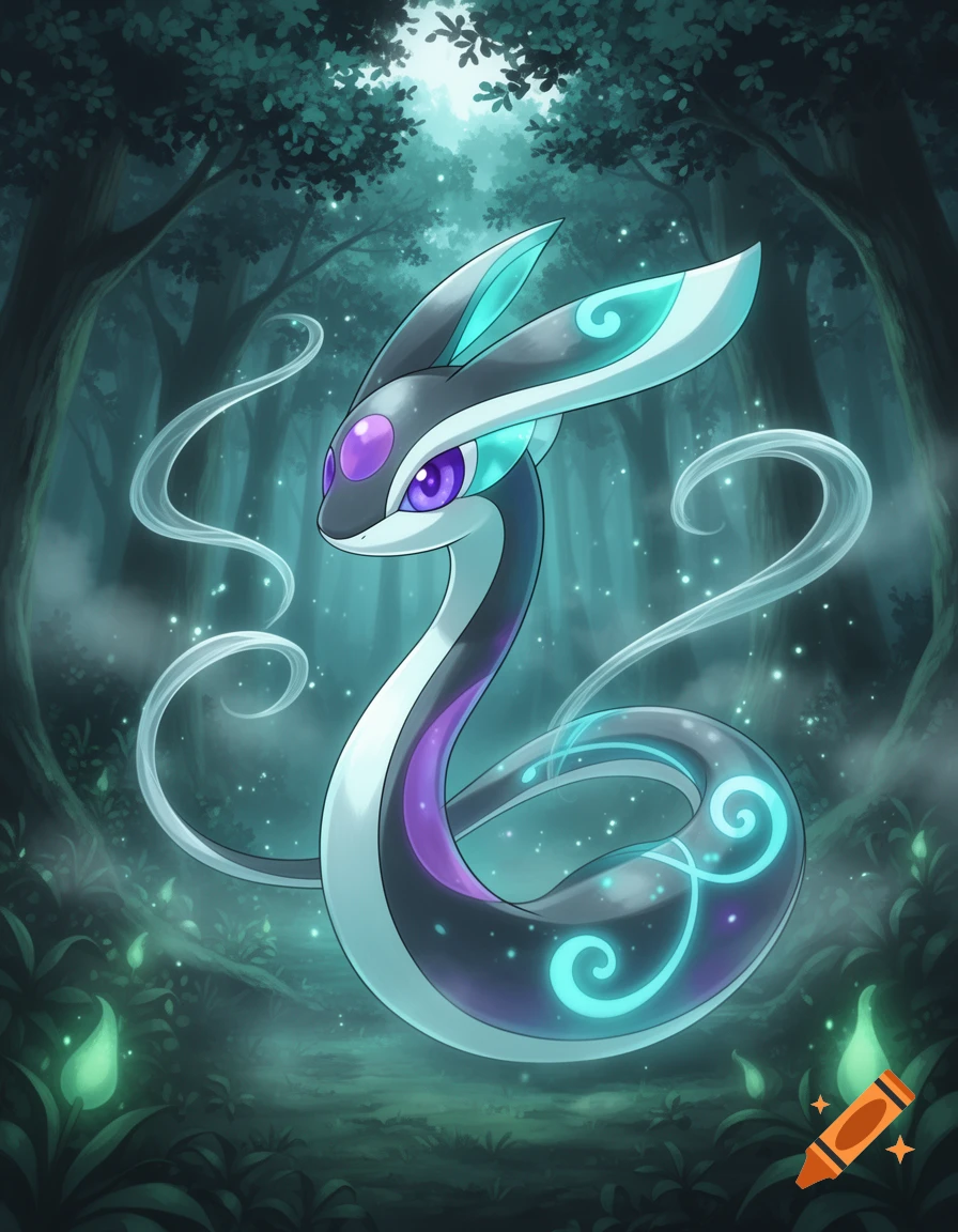 A teal, purple, and black serpentine creature with glowing eyes and patterns, amidst a dark, sparkling fantasy forest.