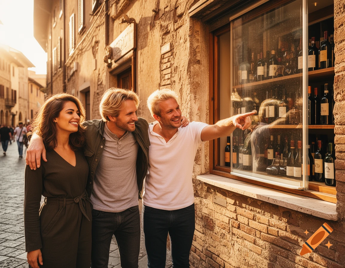 Three smiling friends on a sunny European street, one pointing at a wine shop window, with warm brick buildings.
