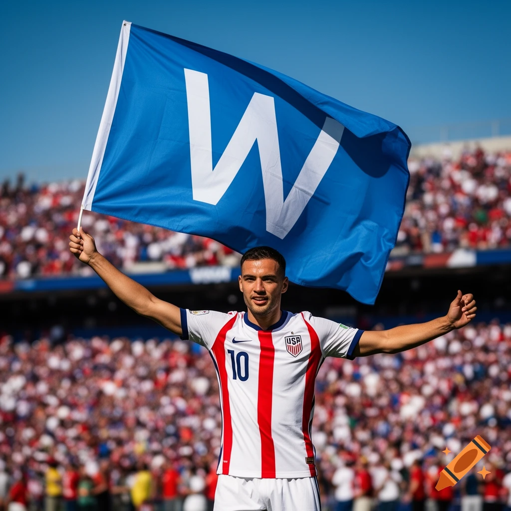 A male soccer player in a white USA jersey holds a blue flag with a white 'W' over his head in a crowded stadium.