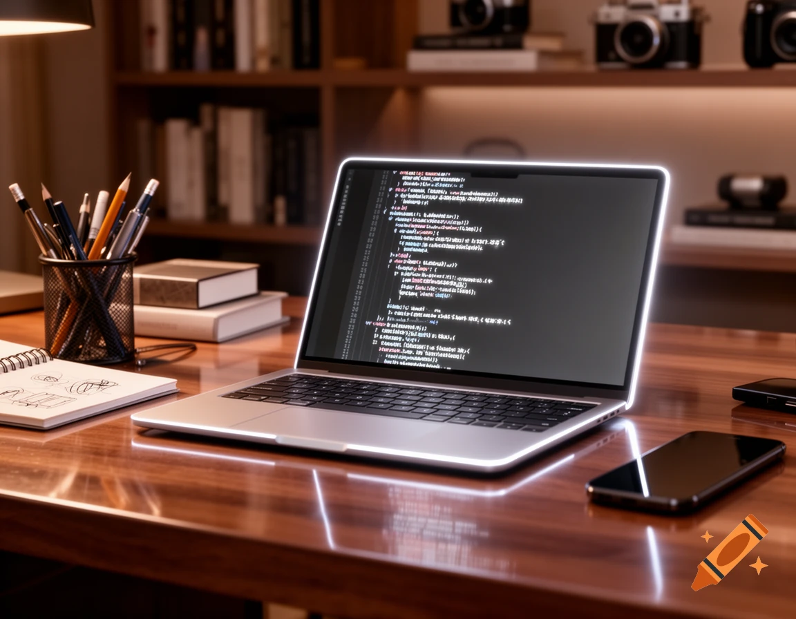 Photorealistic image of a silver laptop displaying code on a dark screen on a glossy wooden desk with office supplies.