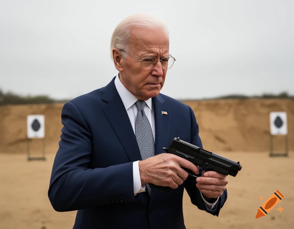 Joe Biden, wearing a suit and glasses, holds a pistol at a shooting range with targets in the background.