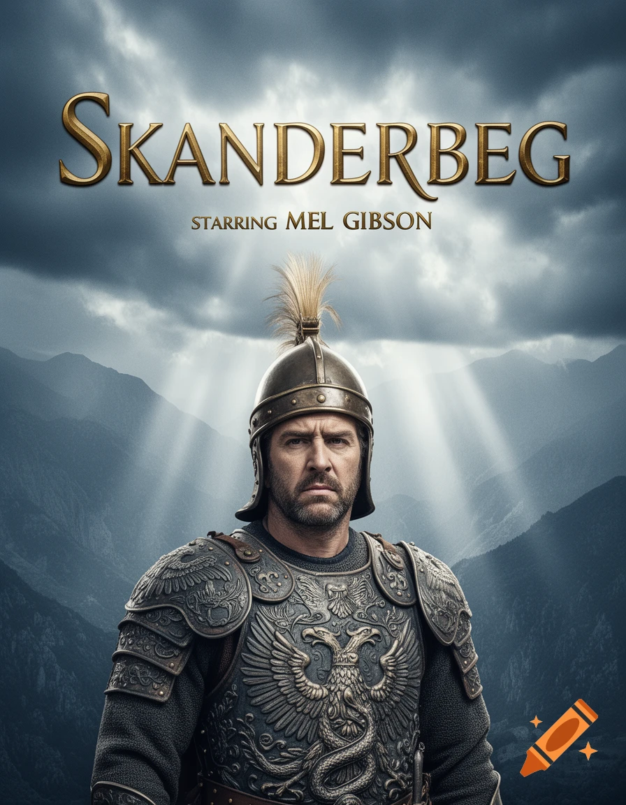 A movie poster for 'SKANDERBEG' starring Mel Gibson, who is depicted as a bearded man in ancient armor and helmet, with mountains and cloudy sky behind him.