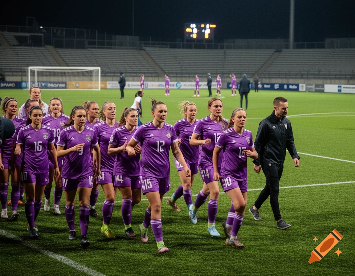A female soccer team and their male coach walk across a green field in purple uniforms at night, with stadium lights and empty stands in the background.