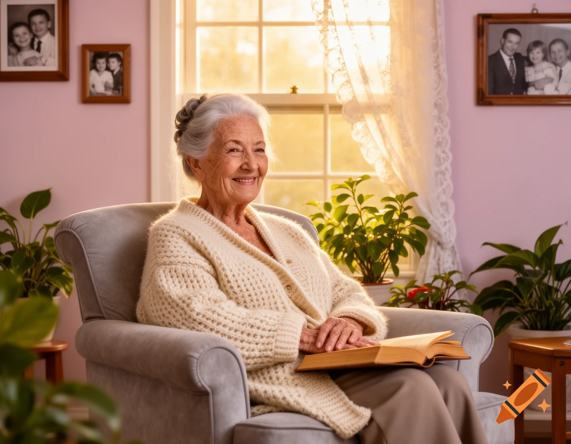 Smiling elderly woman with gray hair sits in an armchair, holding an open book in a sunlit room with plants and framed photos.