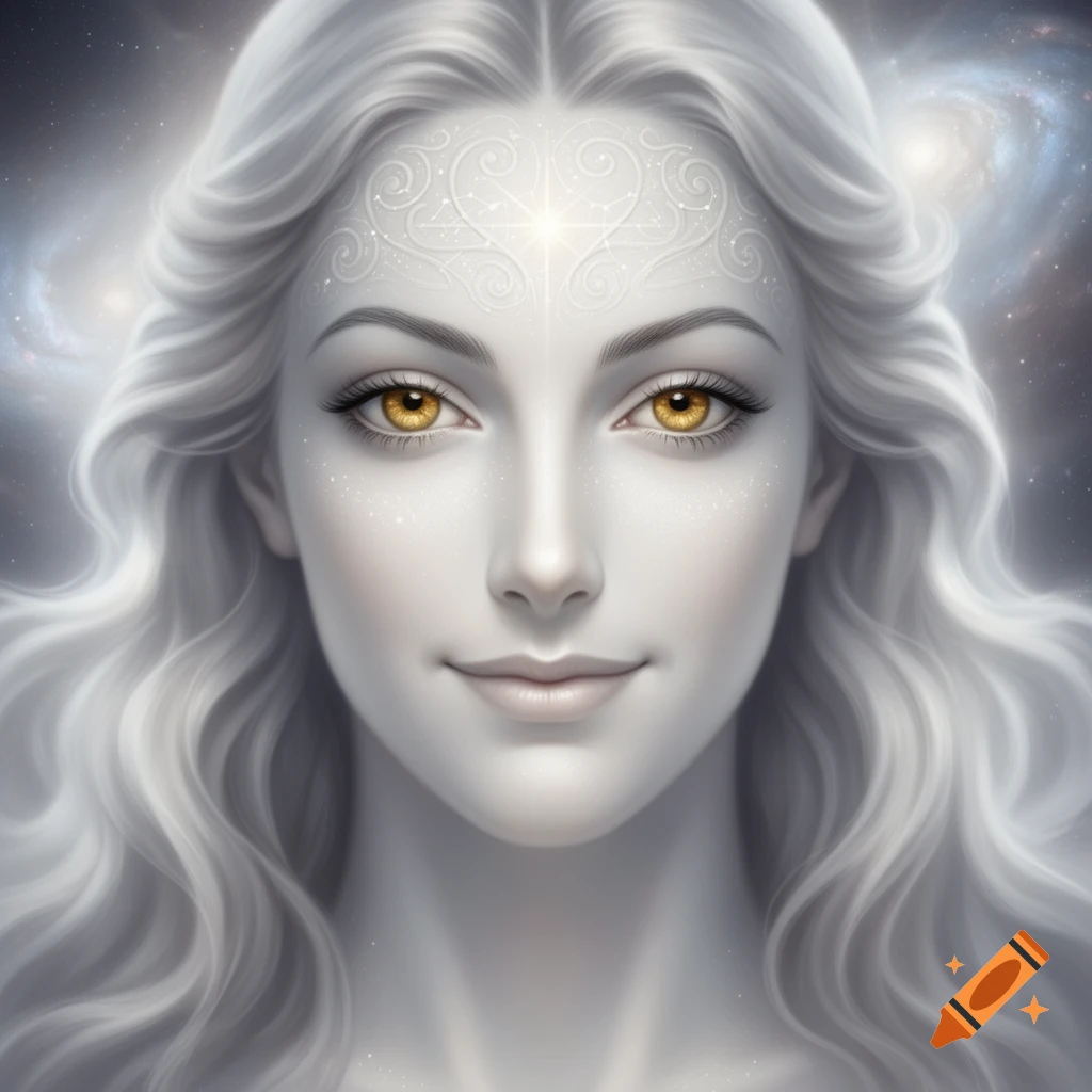 Close-up of a serene woman with pale skin, golden eyes, long white wavy hair, and celestial patterns on her forehead, against a starry galaxy background.
