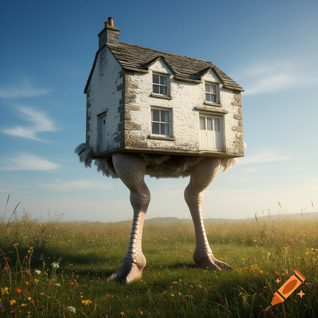 A surreal photorealistic image of a stone house with tall ostrich legs standing in a vibrant green field under a blue sky.