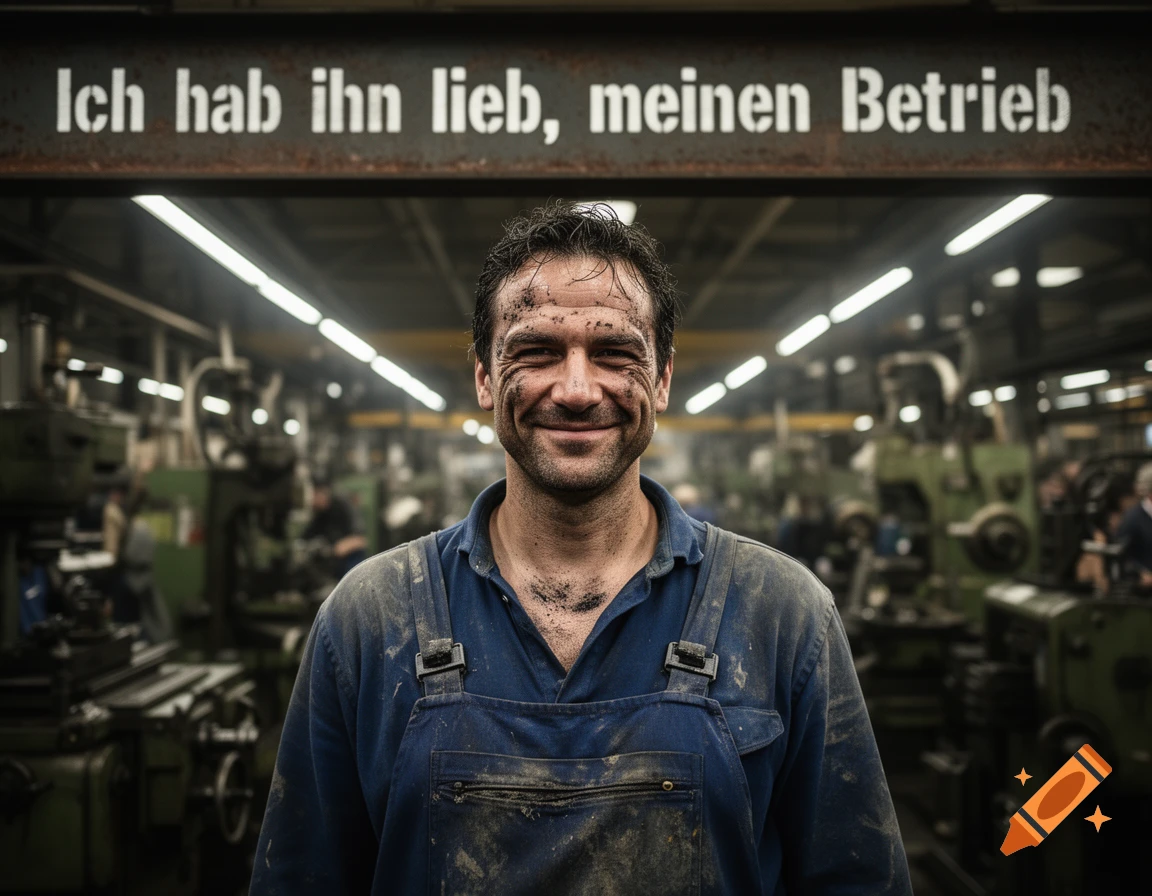 A smiling, dirty worker in blue overalls stands in a factory with machinery, text "Ich hab ihn lieb, meinen Betrieb" above.