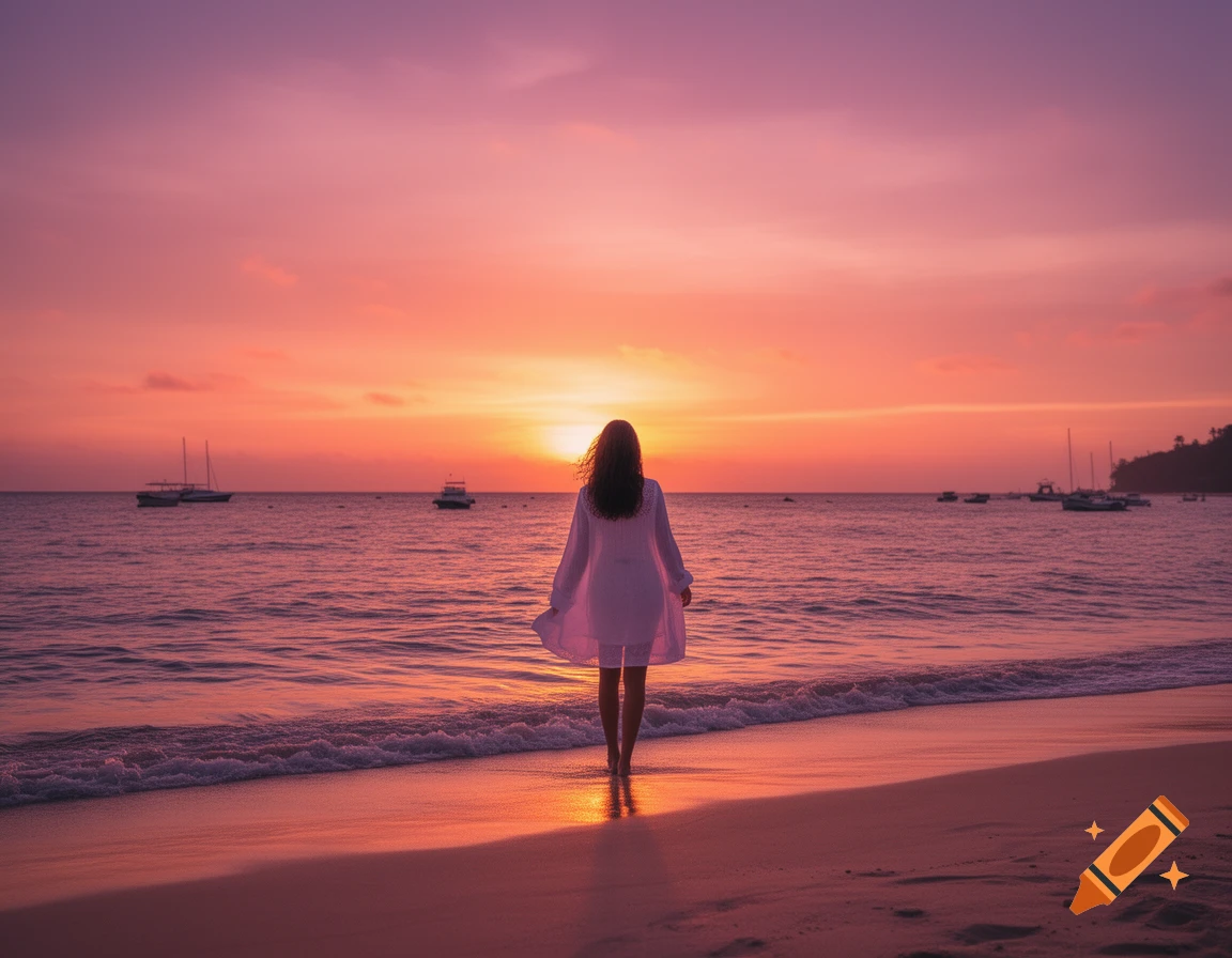 Woman in a white dress walks on a beach toward a vibrant sunset over the ocean with distant boats.