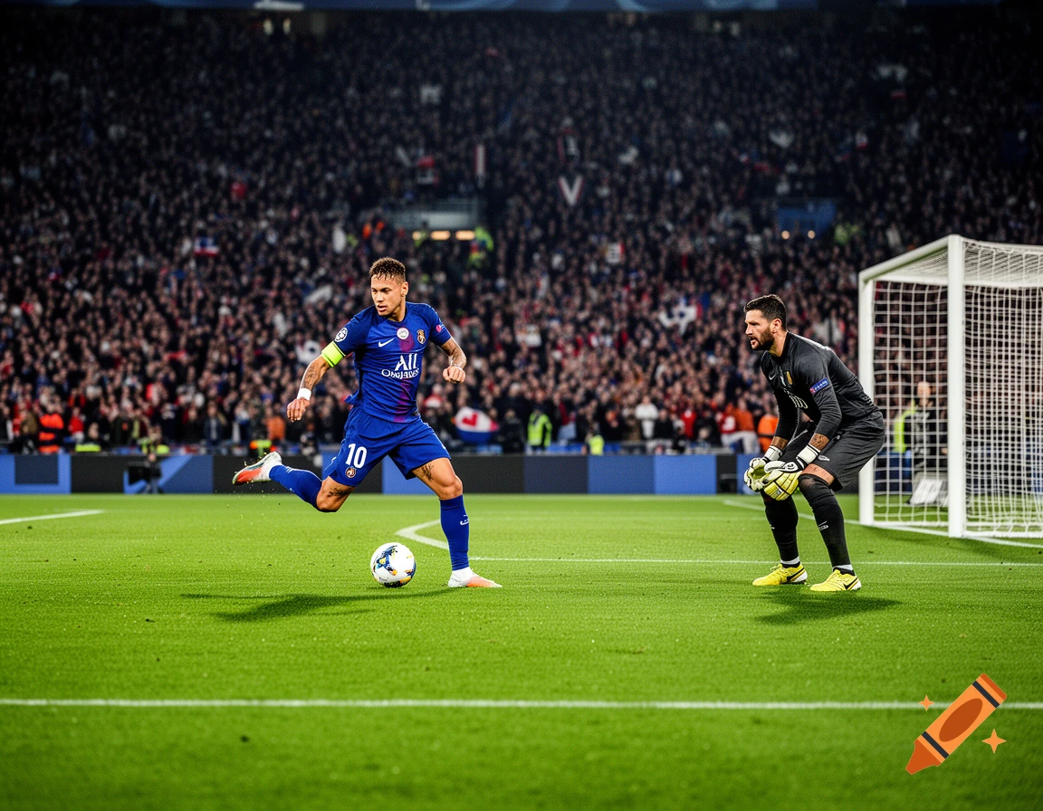 Neymar Jr. in a blue jersey kicks a soccer ball past a goalkeeper in a packed stadium.