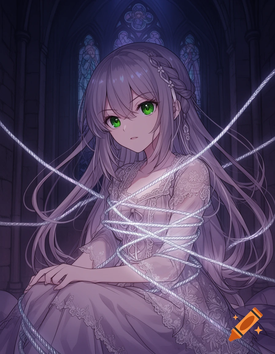 Anime girl with green eyes and long lavender hair, tied with glowing white ropes, sits in a dark gothic room with stained glass windows.