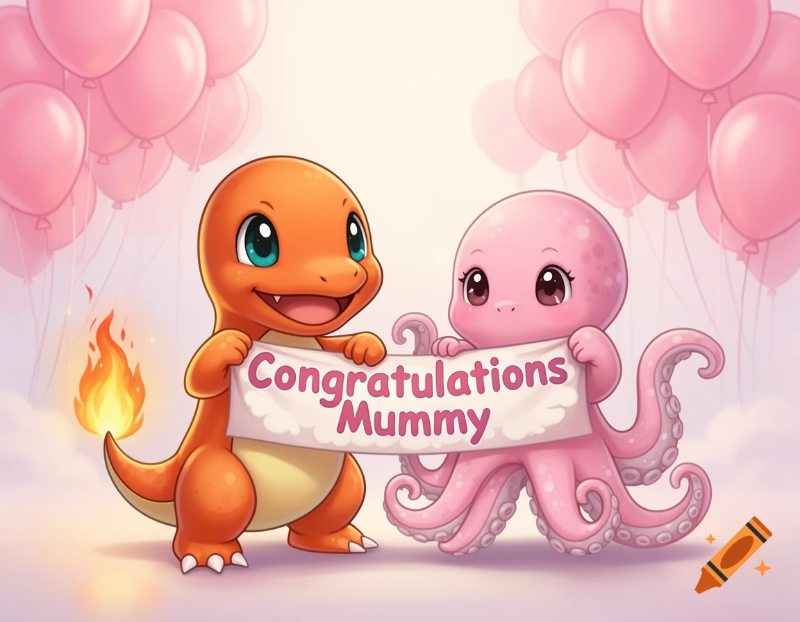 A cute cartoon Charmander and a pink octopus hold a banner saying 'Congratulations Mummy' amidst pink balloons.